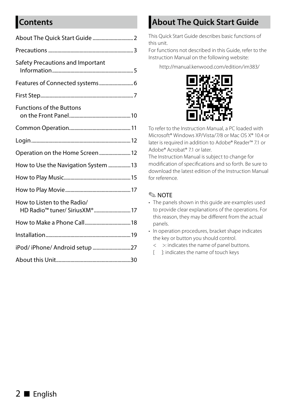 About the quick start guide, Contents about the quick start guide, Ñ english | Kenwood DNN991HD User Manual | Page 2 / 68