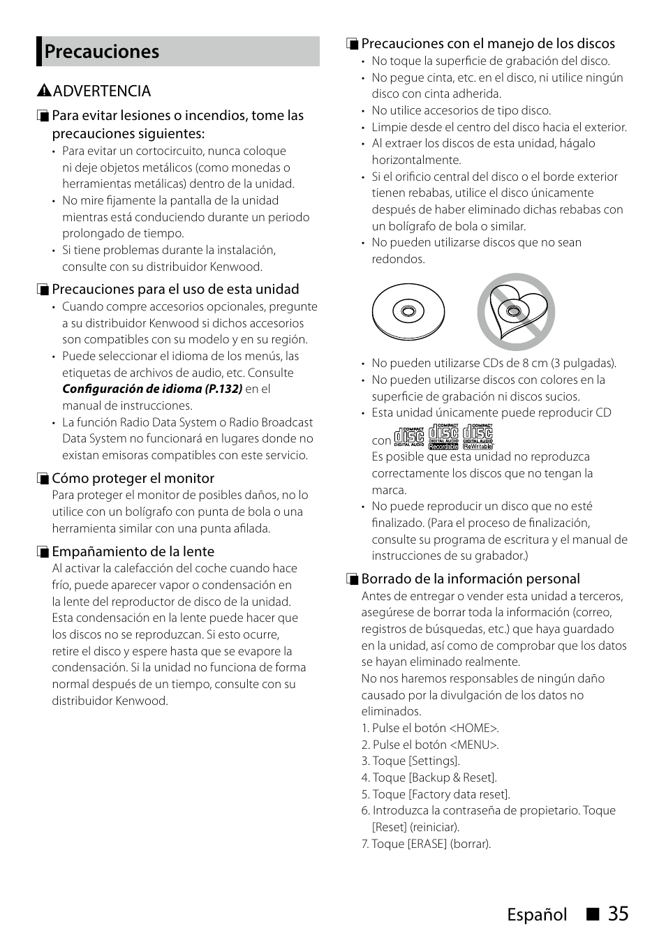 Precauciones, Español ñ | Kenwood DNN991HD User Manual | Page 35 / 68