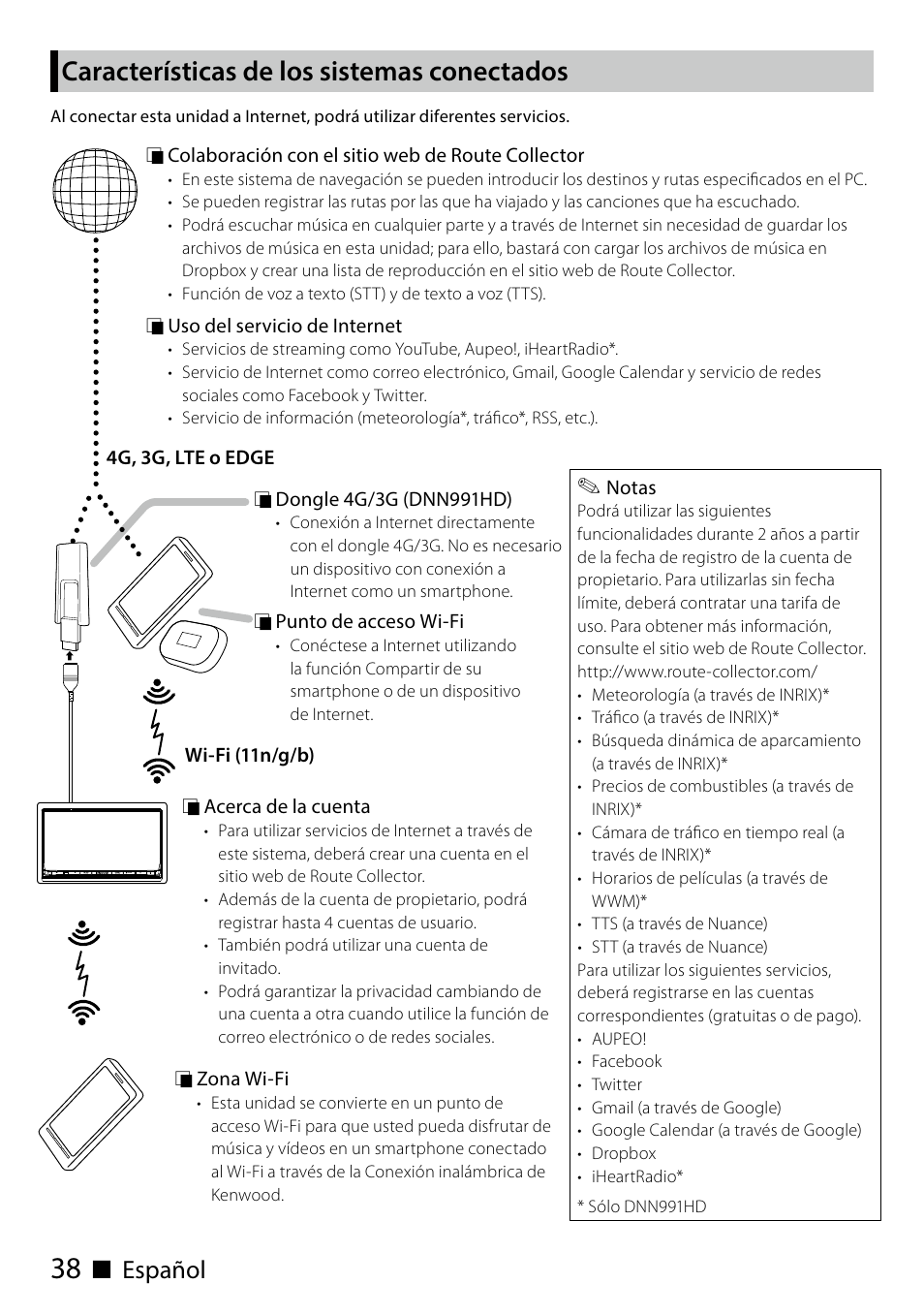 Características de los sistemas conectados, Ñ español | Kenwood DNN991HD User Manual | Page 38 / 68