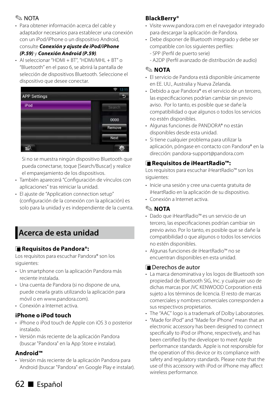 Acerca de esta unidad, Ñ español | Kenwood DNN991HD User Manual | Page 62 / 68