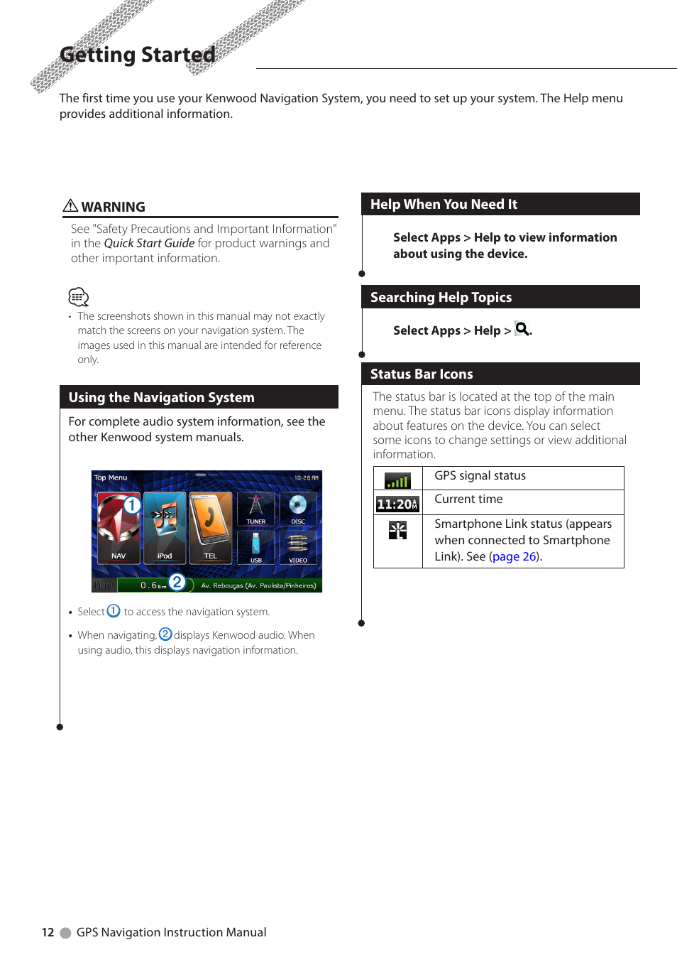 Getting started, Using the navigation system, Help when you need it | Searching help topics, Status bar icons | Kenwood DNX891HD User Manual | Page 12 / 37