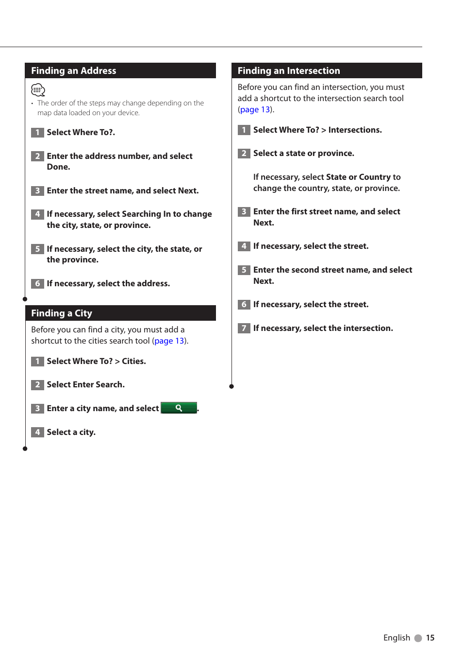 Finding an address, Finding a city, Finding an intersection | Kenwood DNX891HD User Manual | Page 15 / 37