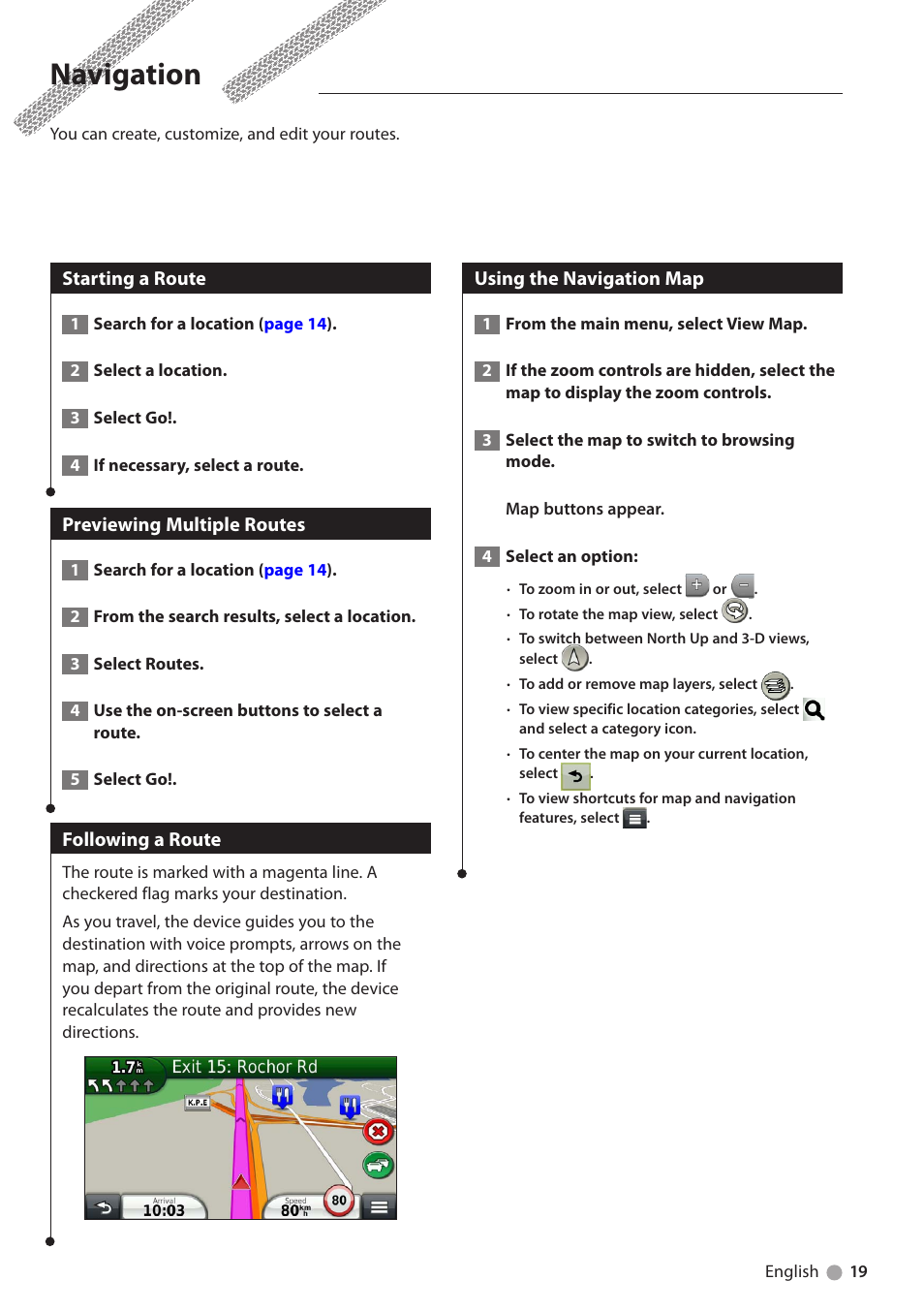 Navigation, Starting a route, Previewing multiple routes | Following a route, Using the navigation map | Kenwood DNX891HD User Manual | Page 19 / 37