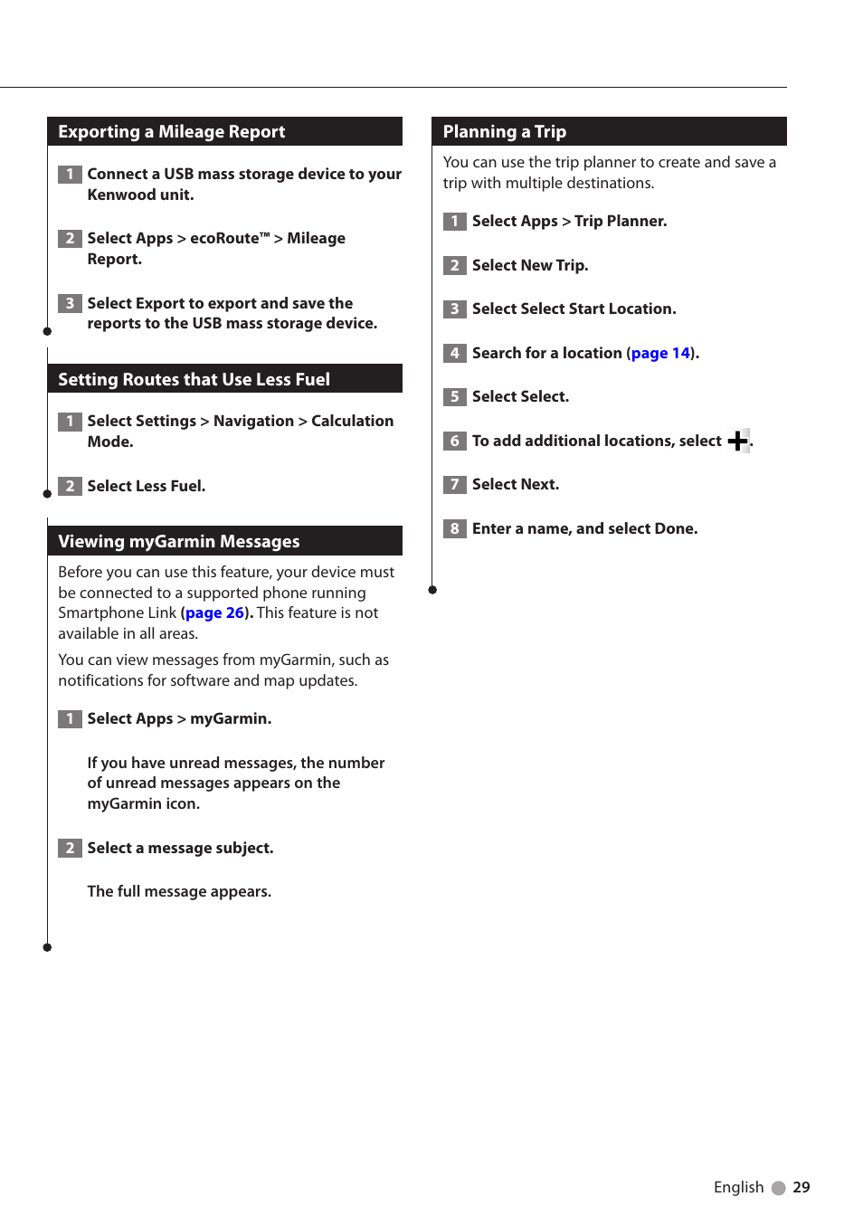 Exporting a mileage report, Setting routes that use less fuel, Viewing mygarmin messages | Planning a trip | Kenwood DNX891HD User Manual | Page 29 / 37