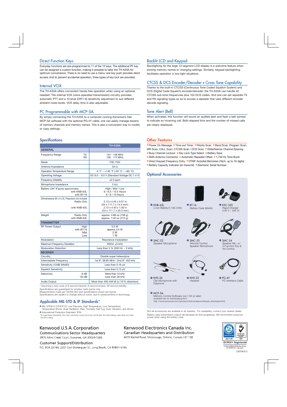Direct function keys, Internal vox, Pc programmable with mcp-5a | Backlit lcd and keypad, Tone alert (bell), Other features, Specifications, Optional accessories, Applicable mil-std & ip standards | Kenwood TH-K20A User Manual | Page 2 / 2