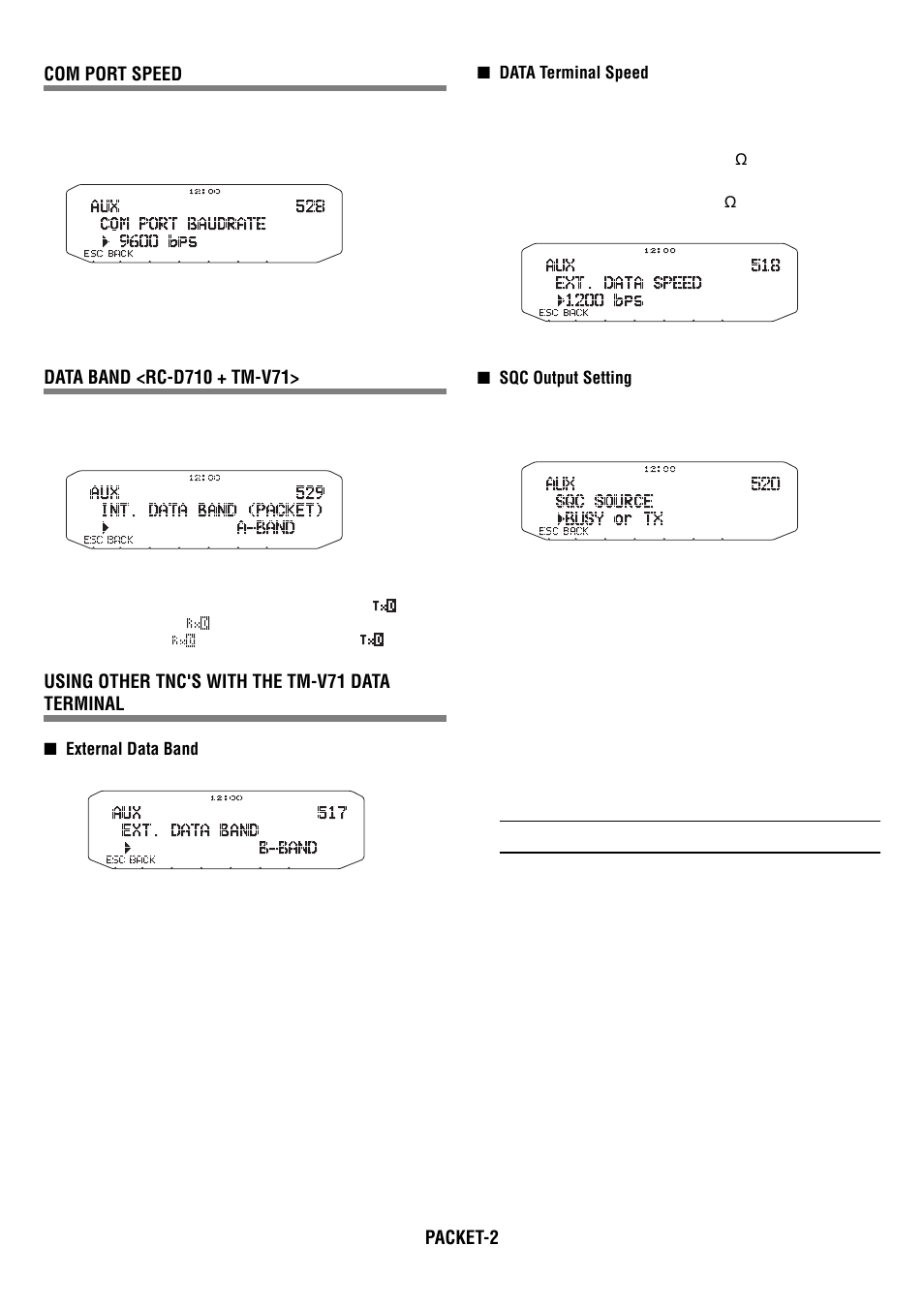 Packet-2 com port speed, Using other tnc's with the tm-v71 data terminal | Kenwood RC-D710 User Manual | Page 35 / 73