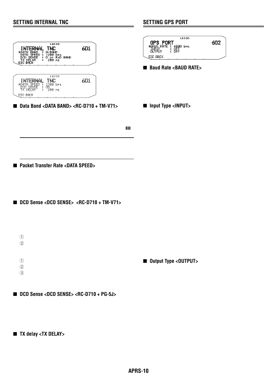 Aprs-10 setting internal tnc, Setting gps port | Kenwood RC-D710 User Manual | Page 50 / 73