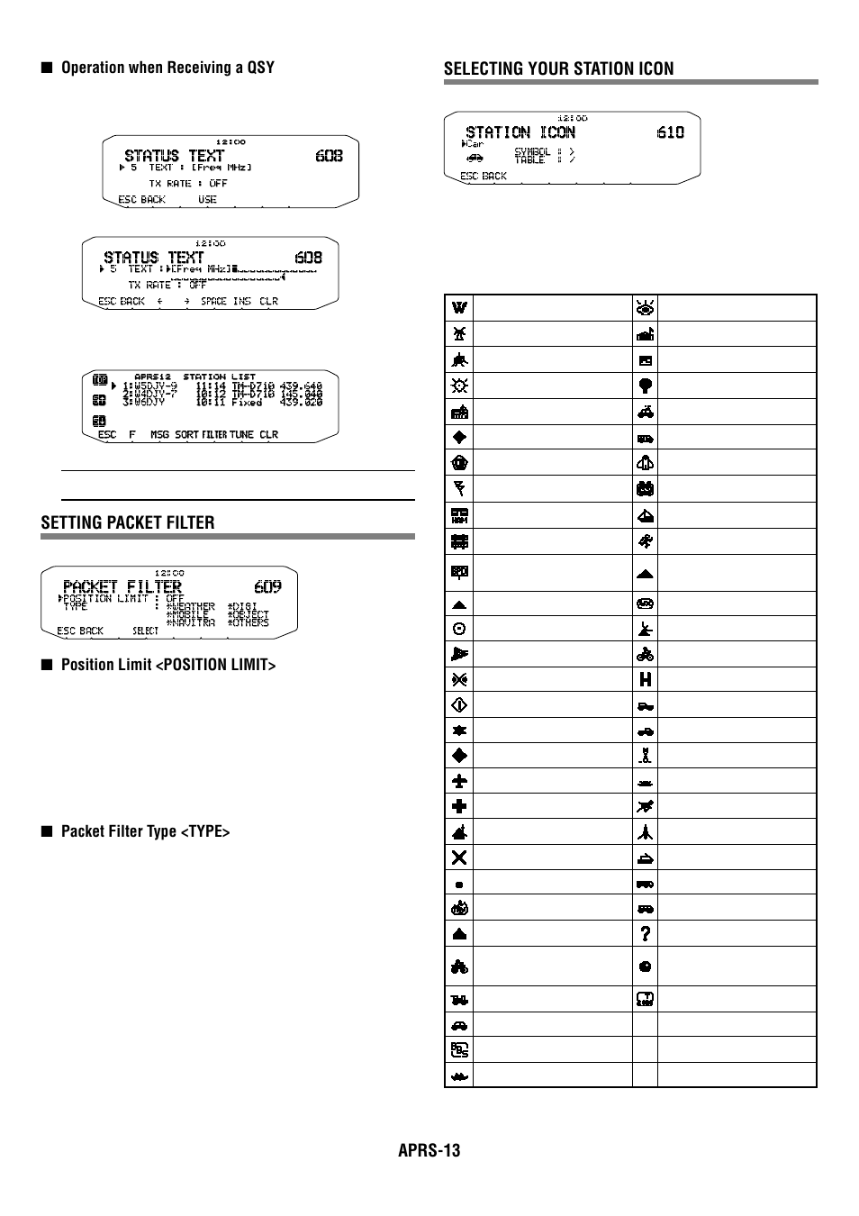 Aprs-13, Setting packet filter, Selecting your station icon | Kenwood RC-D710 User Manual | Page 53 / 73