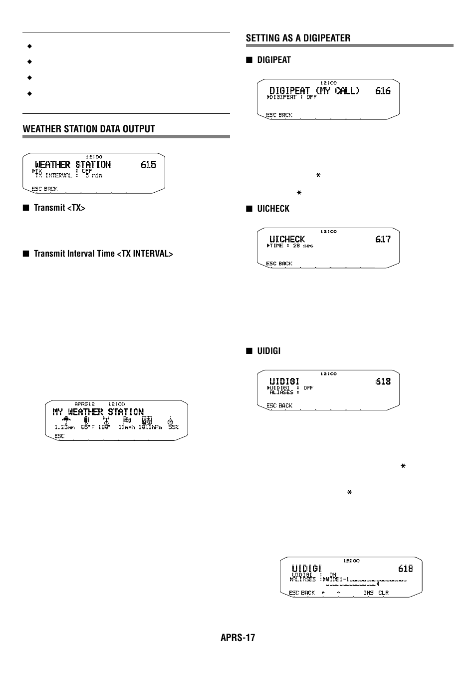 Aprs-17, Weather station data output, Setting as a digipeater | Kenwood RC-D710 User Manual | Page 57 / 73