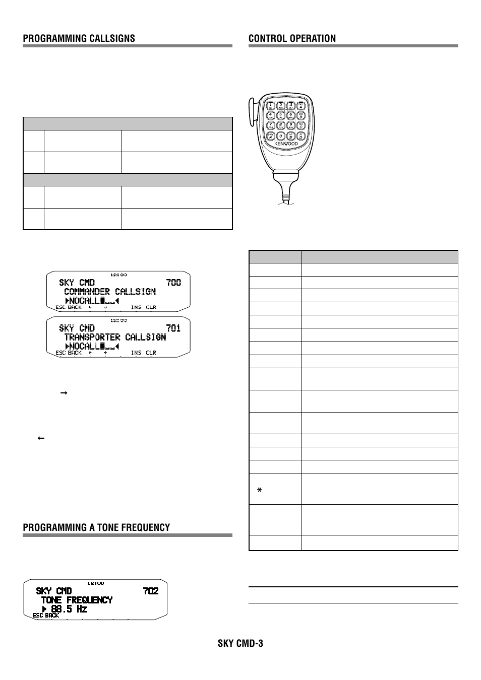 Sky cmd-3 control operation, Programming callsigns, Programming a tone frequency | Kenwood RC-D710 User Manual | Page 73 / 73