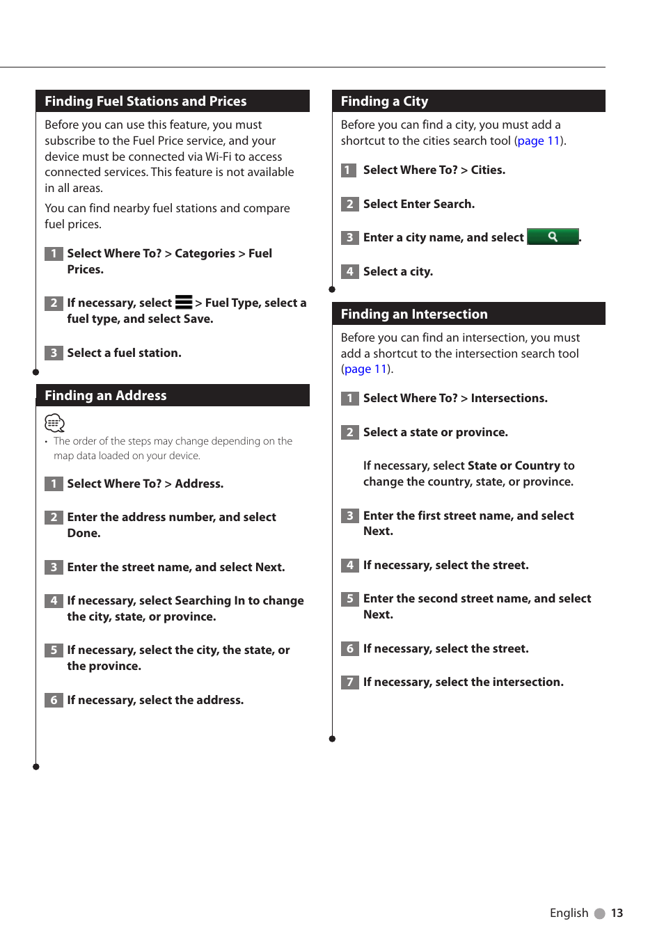 Finding fuel stations and prices, Finding an address, Finding a city | Finding an intersection | Kenwood DNN770HD User Manual | Page 13 / 36