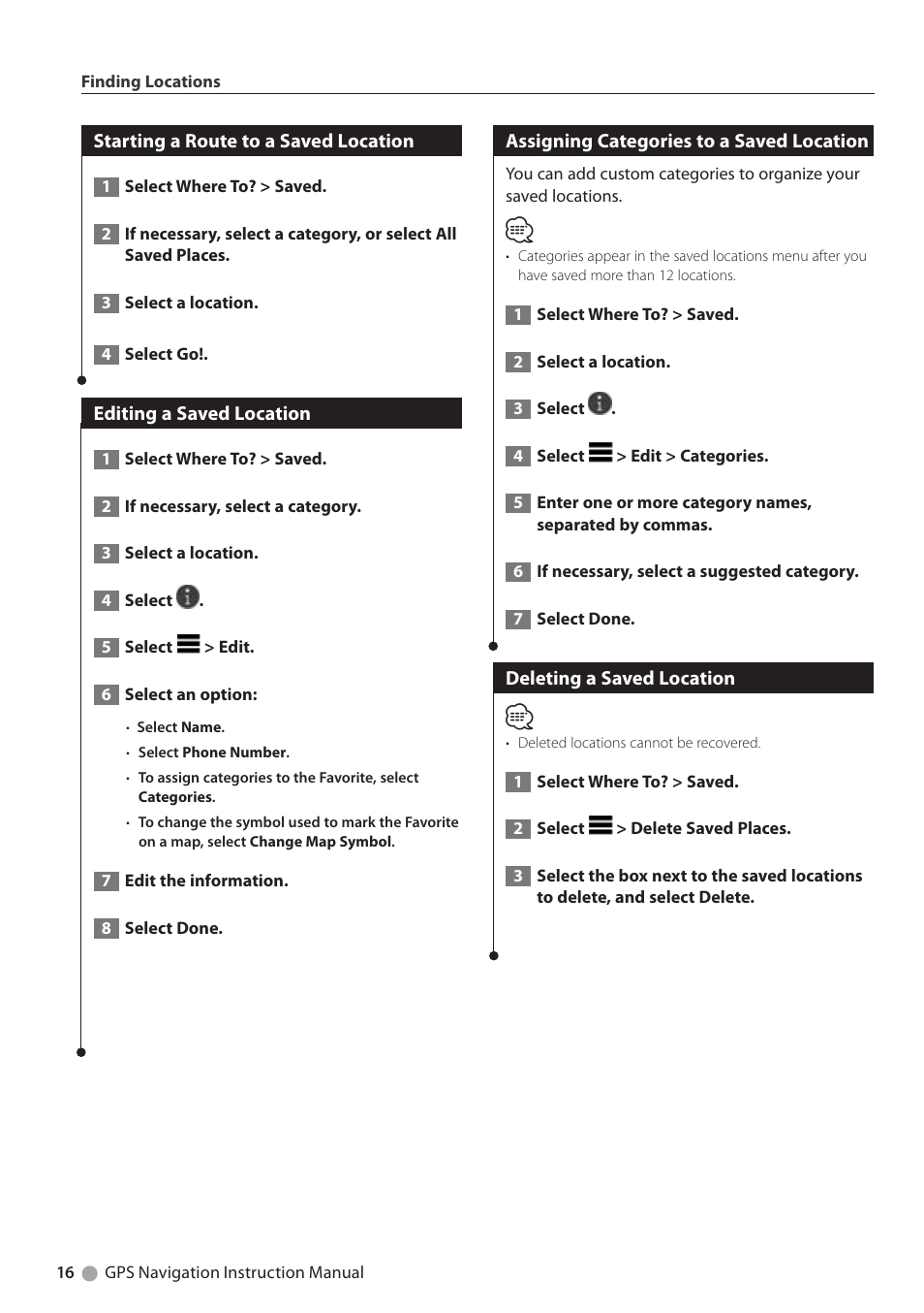 Starting a route to a saved location, Editing a saved location, Assigning categories to a saved location | Deleting a saved location | Kenwood DNN770HD User Manual | Page 16 / 36