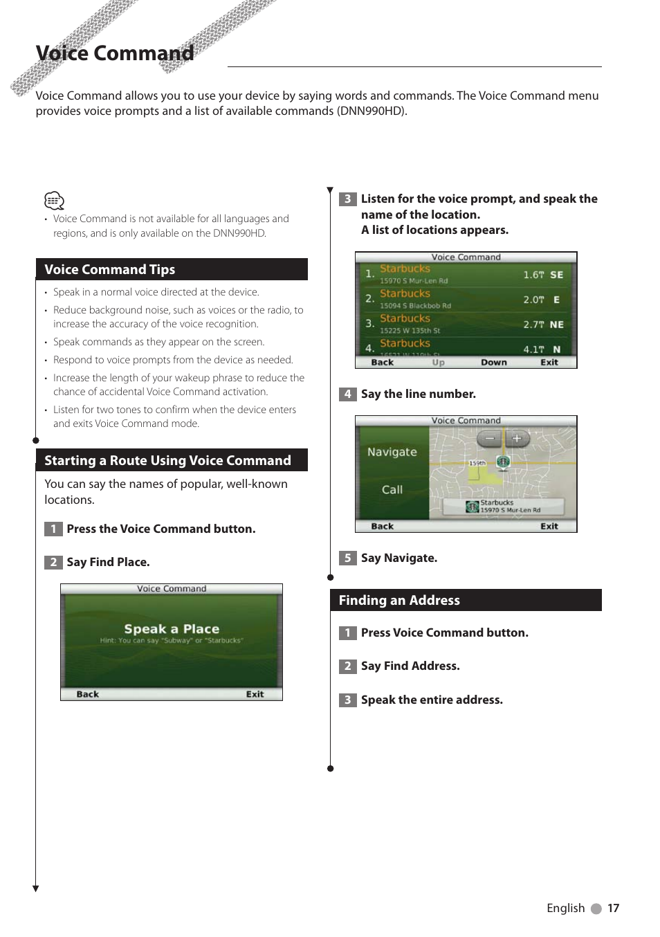 Voice command, Voice command tips, Starting a route using voice command | Finding an address | Kenwood DNN770HD User Manual | Page 17 / 36