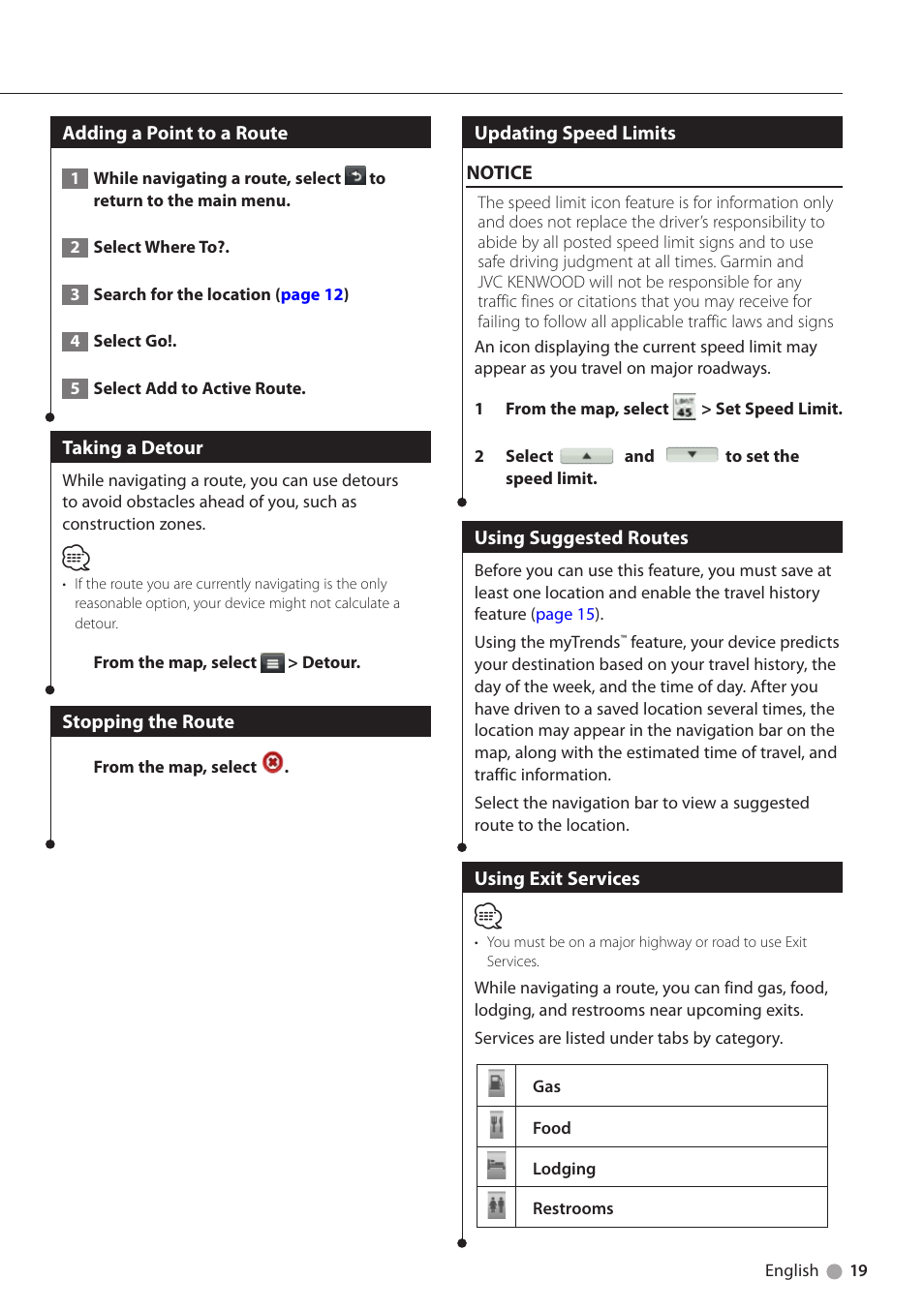 Adding a point to a route, Taking a detour, Stopping the route | Updating speed limits, Using suggested routes, Using exit services | Kenwood DNN770HD User Manual | Page 19 / 36
