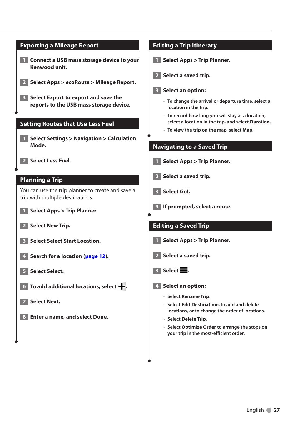 Exporting a mileage report, Setting routes that use less fuel, Planning a trip | Editing a trip itinerary, Navigating to a saved trip, Editing a saved trip | Kenwood DNN770HD User Manual | Page 27 / 36