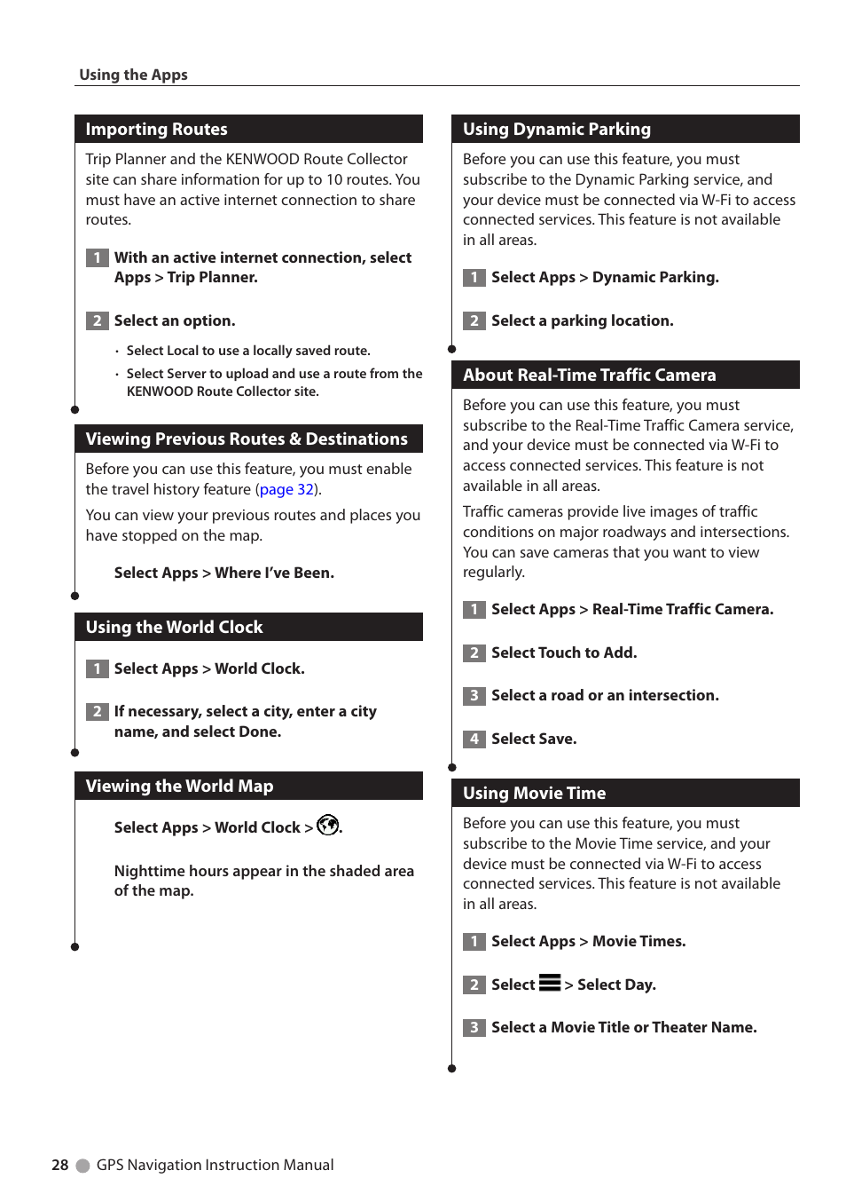 Importing routes, Viewing previous routes & destinations, Using the world clock | Viewing the world map, Using dynamic parking, About real-time traffic camera, Using movie time | Kenwood DNN770HD User Manual | Page 28 / 36