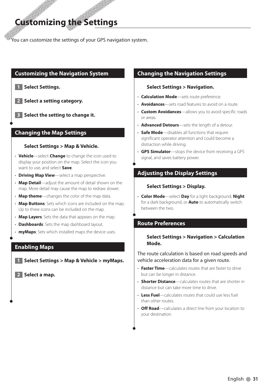 Customizing the settings, Customizing the navigation system, Changing the map settings | Enabling maps, Changing the navigation settings, Adjusting the display settings, Route preferences | Kenwood DNN770HD User Manual | Page 31 / 36