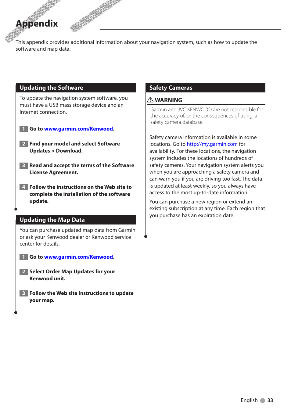 Appendix, Updating the software, Updating the map data | Safety cameras | Kenwood DNN770HD User Manual | Page 33 / 36