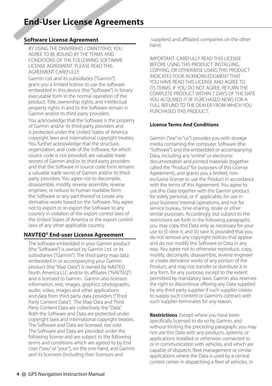 End-user license agreements | Kenwood DNN770HD User Manual | Page 4 / 36