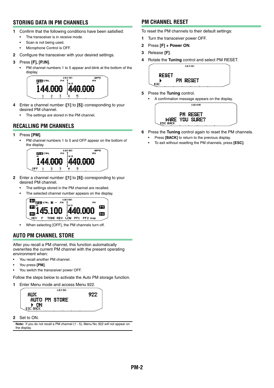 Pm-2 pm channel reset, Storing data in pm channels, Recalling pm channels | Auto pm channel store | Kenwood TM-D710GA User Manual | Page 16 / 77