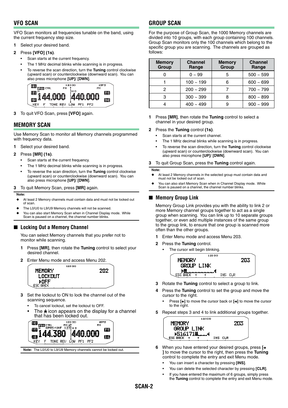 Scan-2 vfo scan, Group scan | Kenwood TM-D710GA User Manual | Page 18 / 77