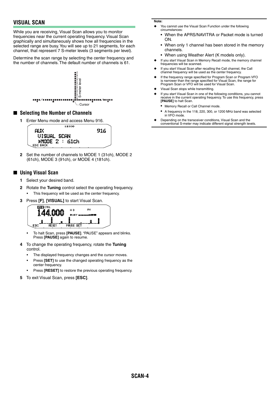 Scan-4 visual scan, Selecting the number of channels, Using visual scan | Kenwood TM-D710GA User Manual | Page 20 / 77
