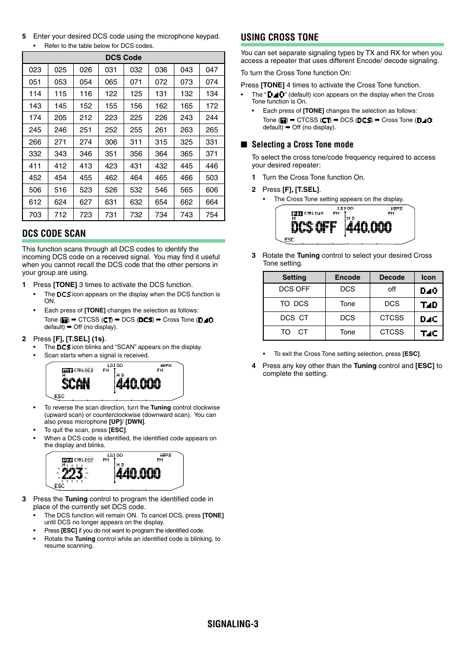 Signaling-3, Dcs code scan, Using cross tone | Kenwood TM-D710GA User Manual | Page 23 / 77