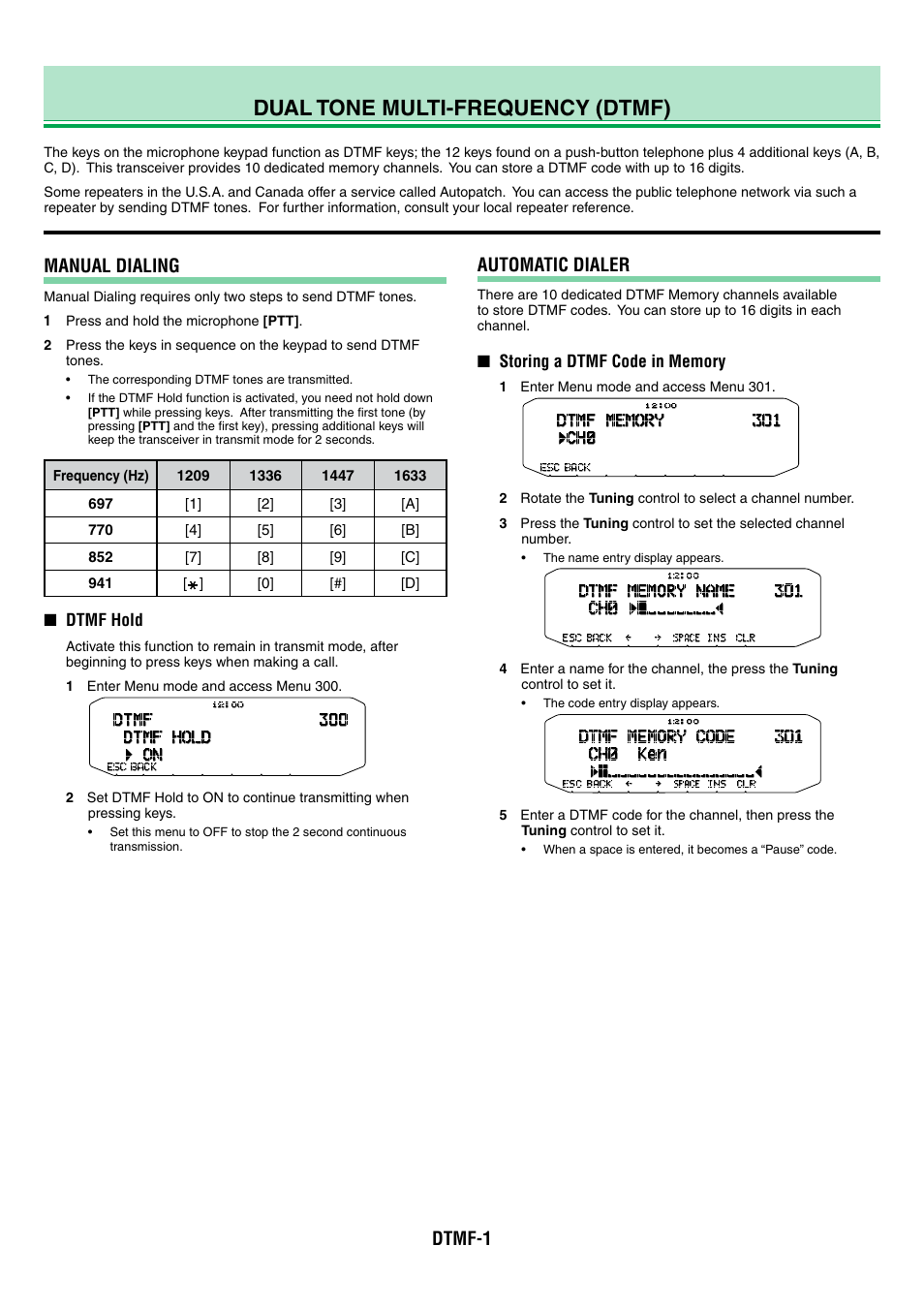 Tm-d710g_06_dtmf_en, Dual tone multi-frequency (dtmf), Manual dialing | Automatic dialer, Dtmf-1 | Kenwood TM-D710GA User Manual | Page 24 / 77