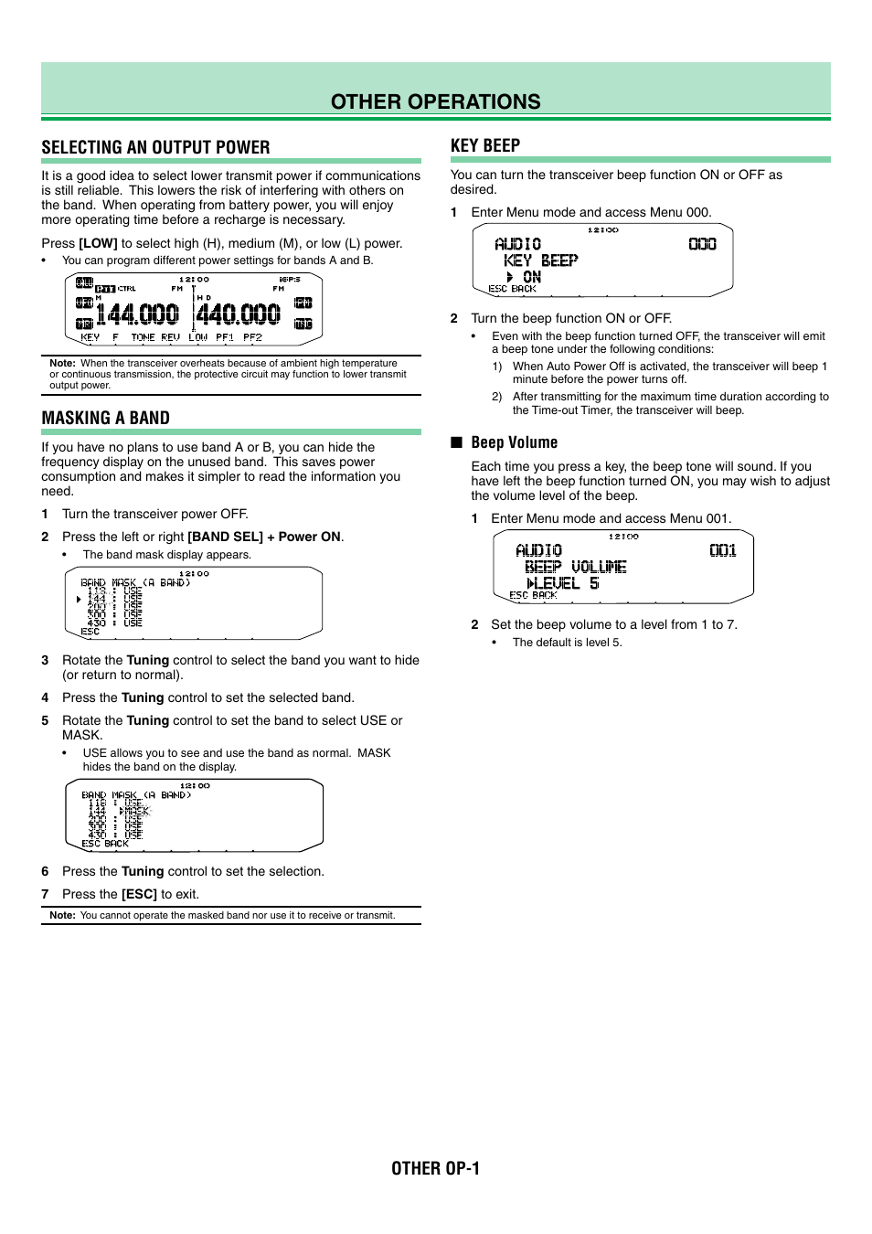 Tm-d710g_08_other operations_en, Other operations, Selecting an output power | Masking a band, Key beep, Other op-1 | Kenwood TM-D710GA User Manual | Page 28 / 77