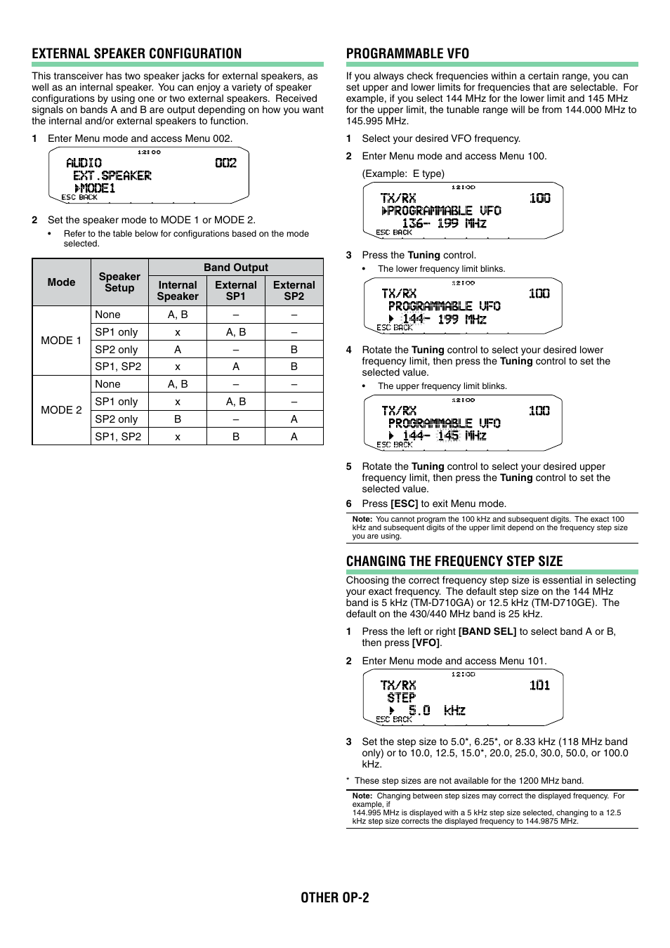 Other op-2 external speaker configuration, Programmable vfo, Changing the frequency step size | Kenwood TM-D710GA User Manual | Page 29 / 77