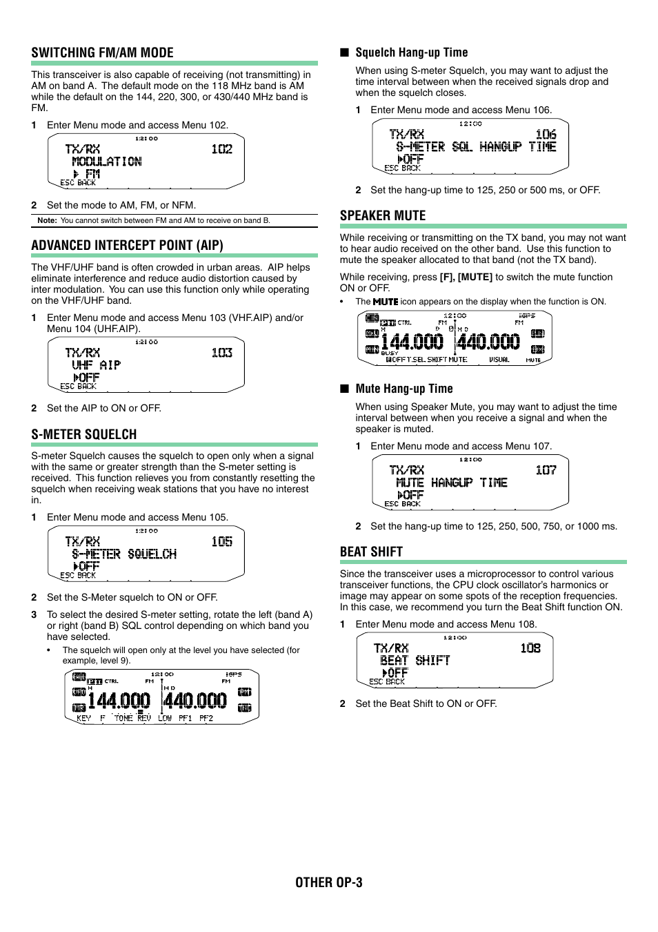 Other op-3 switching fm/am mode, Advanced intercept point (aip), S-meter squelch | Speaker mute, Beat shift | Kenwood TM-D710GA User Manual | Page 30 / 77