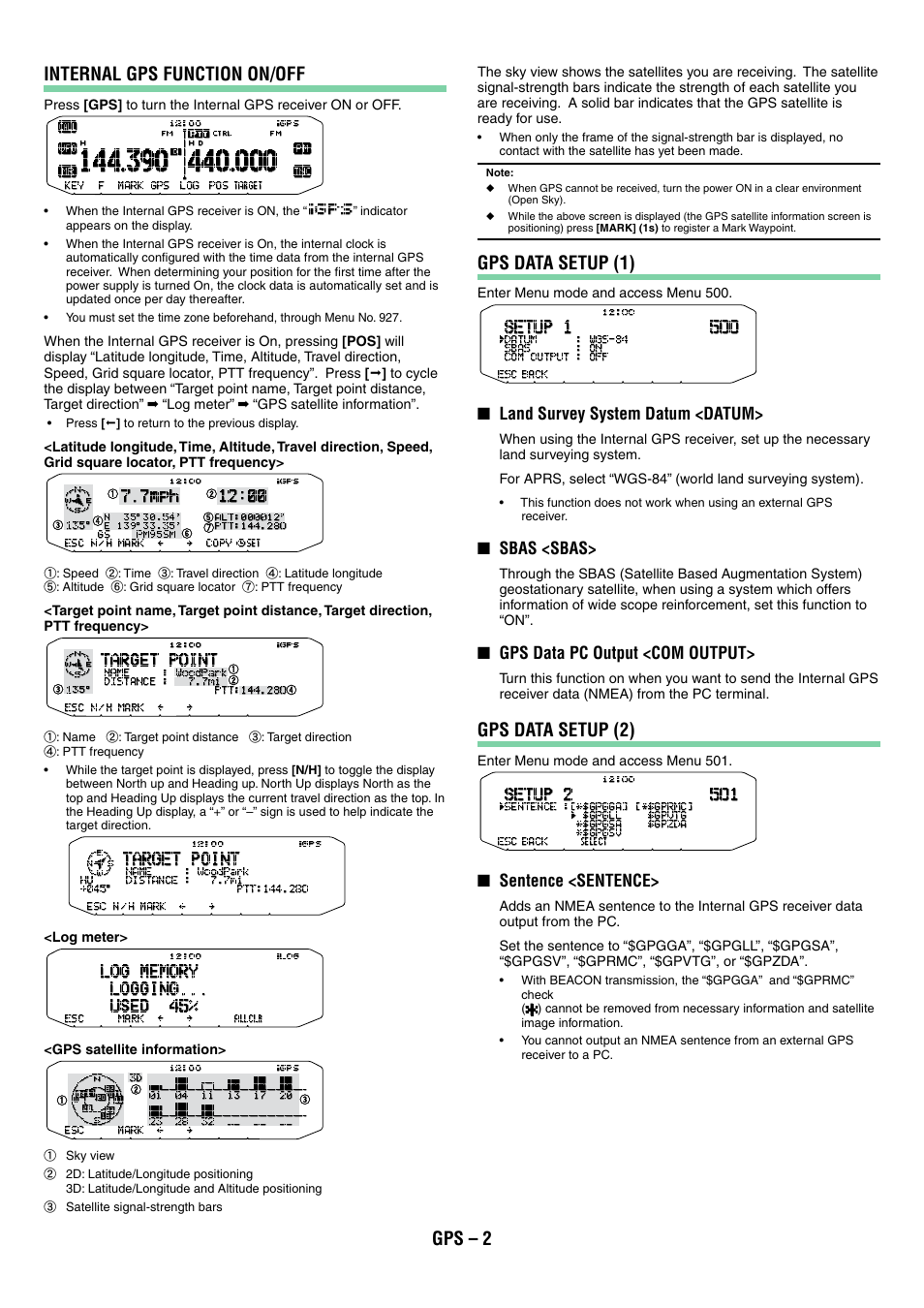 Gps – 2 internal gps function on/off, Gps data setup (1), Gps data setup (2) | Land survey system datum <datum, Sbas <sbas, Gps data pc output <com output, Sentence <sentence | Kenwood TM-D710GA User Manual | Page 35 / 77