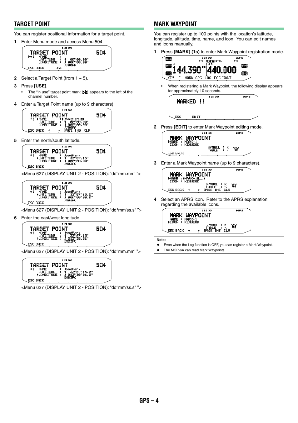 Gps – 4 target point, Mark waypoint | Kenwood TM-D710GA User Manual | Page 37 / 77