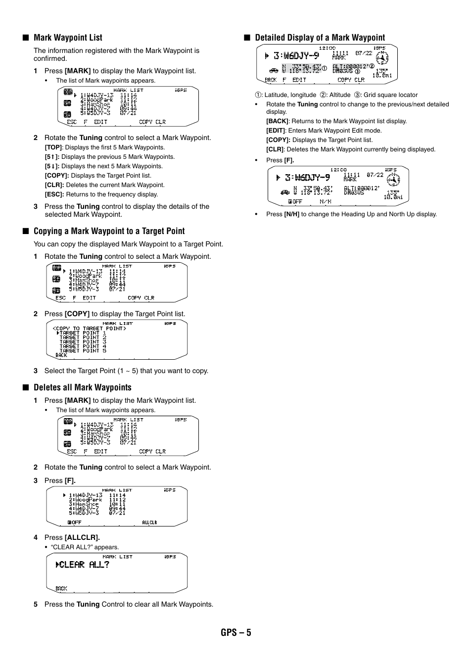 Gps – 5, Mark waypoint list, Copying a mark waypoint to a target point | Deletes all mark waypoints, Detailed display of a mark waypoint | Kenwood TM-D710GA User Manual | Page 38 / 77
