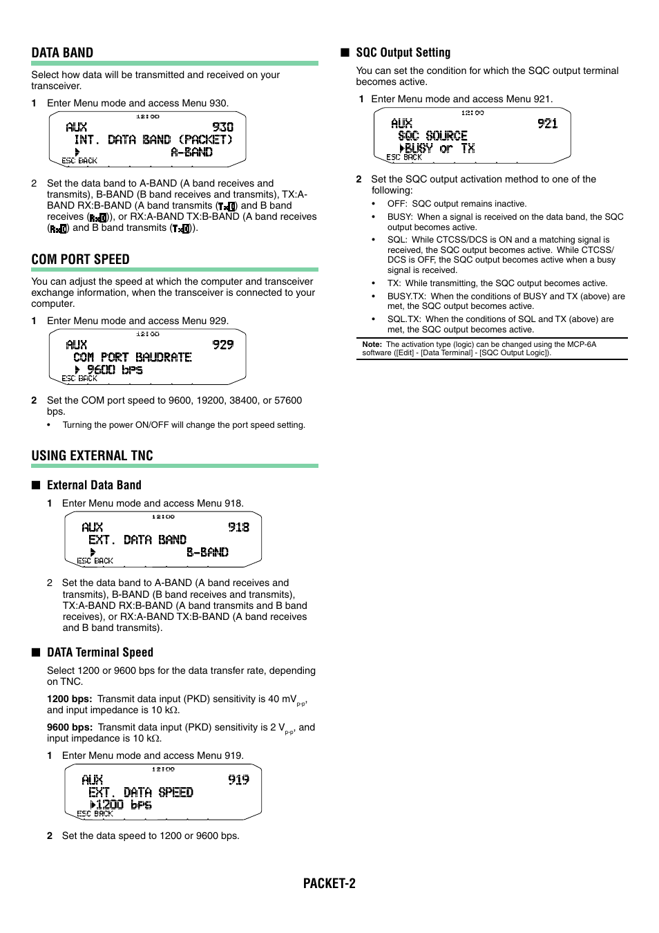 Packet-2 data band, Com port speed, Using external tnc | Kenwood TM-D710GA User Manual | Page 40 / 77