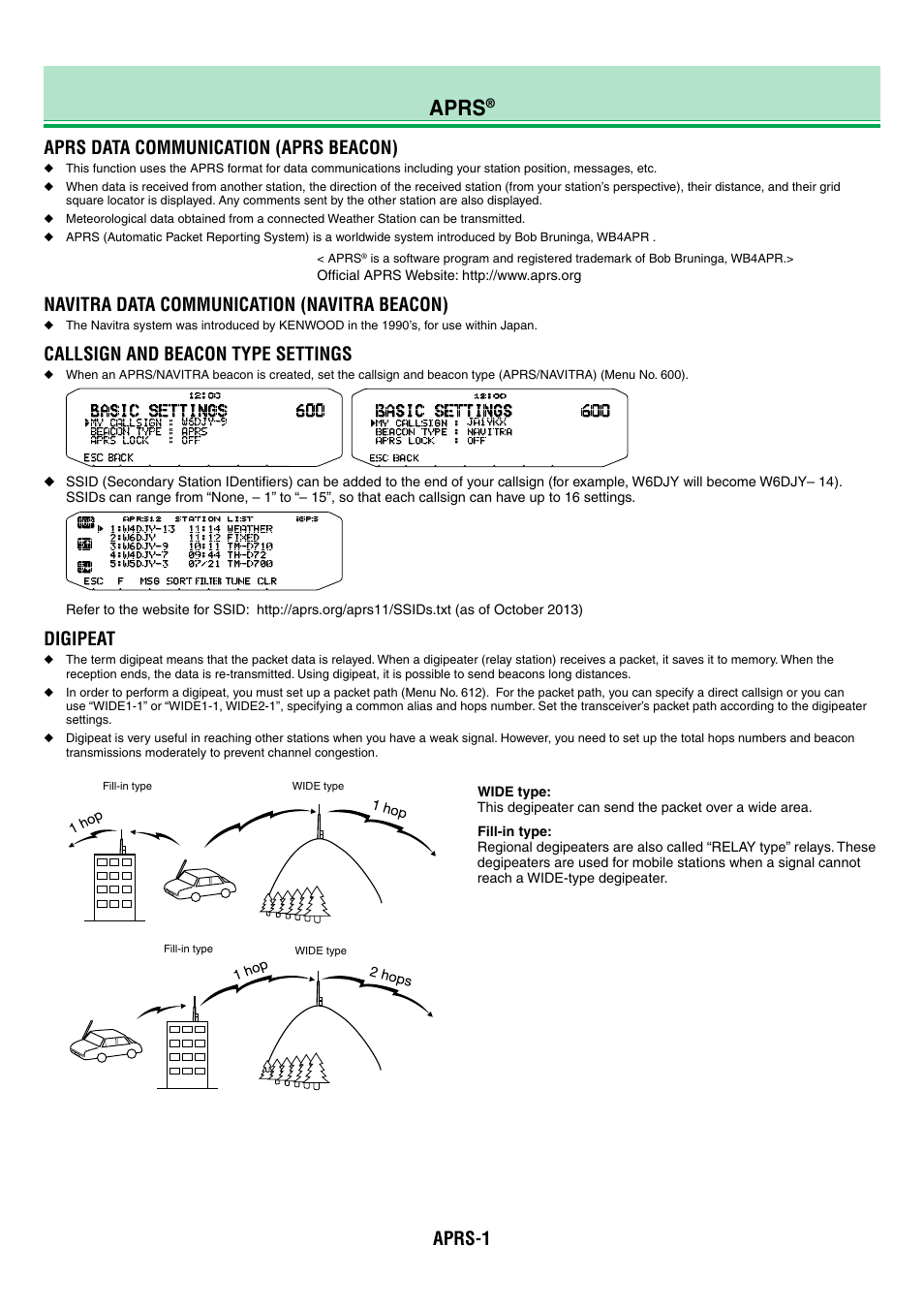 Tm-d710g_11_aprs_en, Aprs, Aprs-1 | Aprs data communication (aprs beacon), Navitra data communication (navitra beacon), Callsign and beacon type settings, Digipeat | Kenwood TM-D710GA User Manual | Page 46 / 77