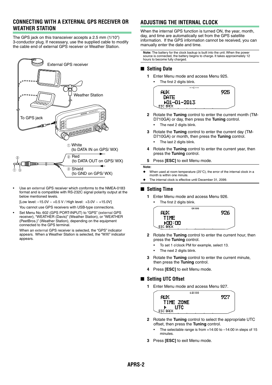 Adjusting the internal clock, Setting date, Setting time | Setting utc offset | Kenwood TM-D710GA User Manual | Page 47 / 77