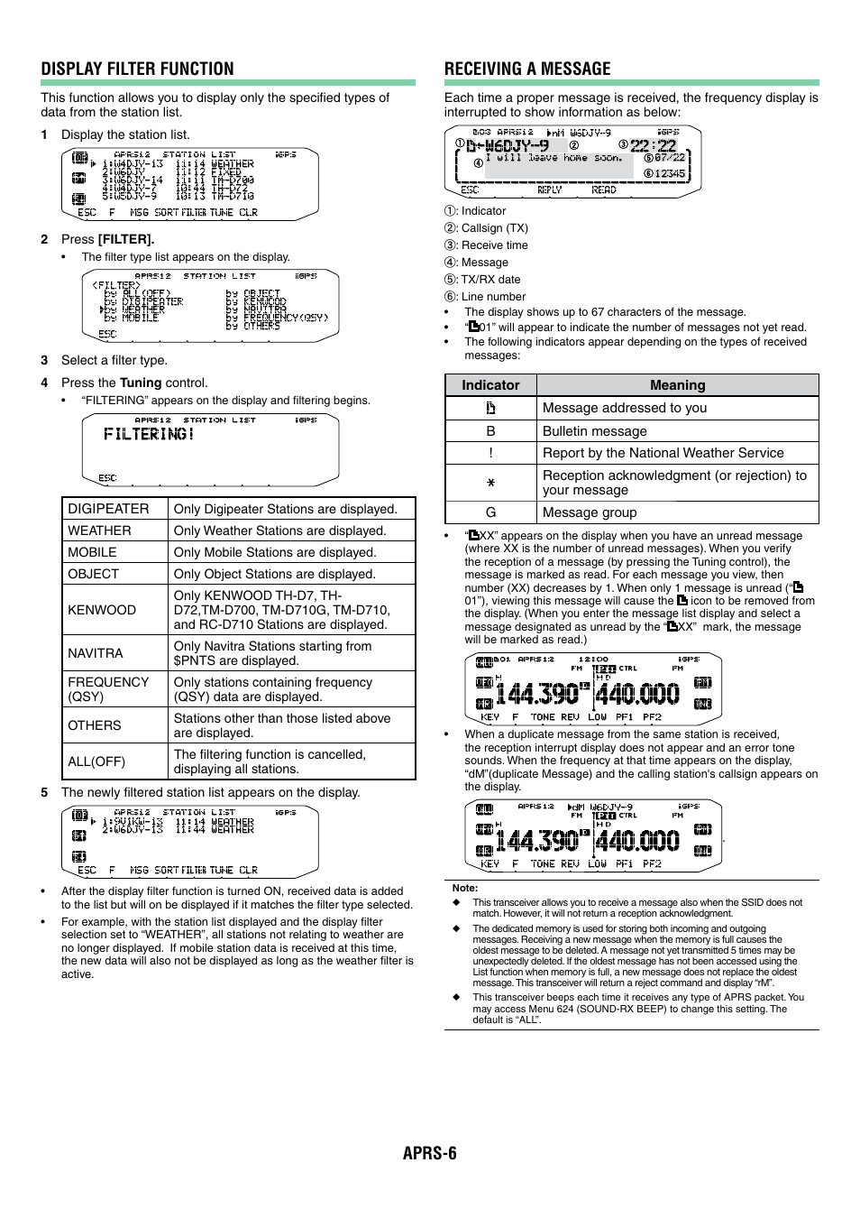 Aprs-6 display filter function, Receiving a message | Kenwood TM-D710GA User Manual | Page 51 / 77