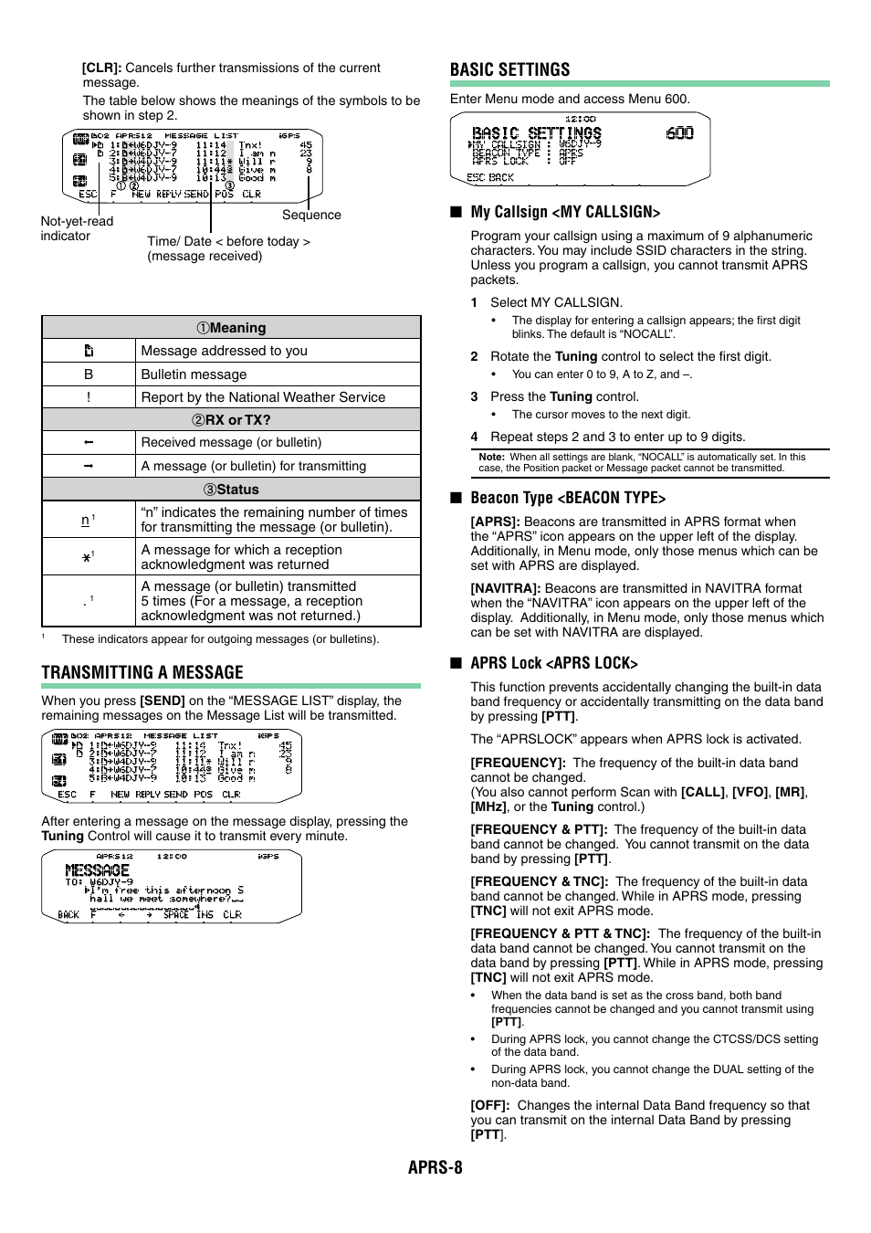 Aprs-8, Transmitting a message, Basic settings | Kenwood TM-D710GA User Manual | Page 53 / 77
