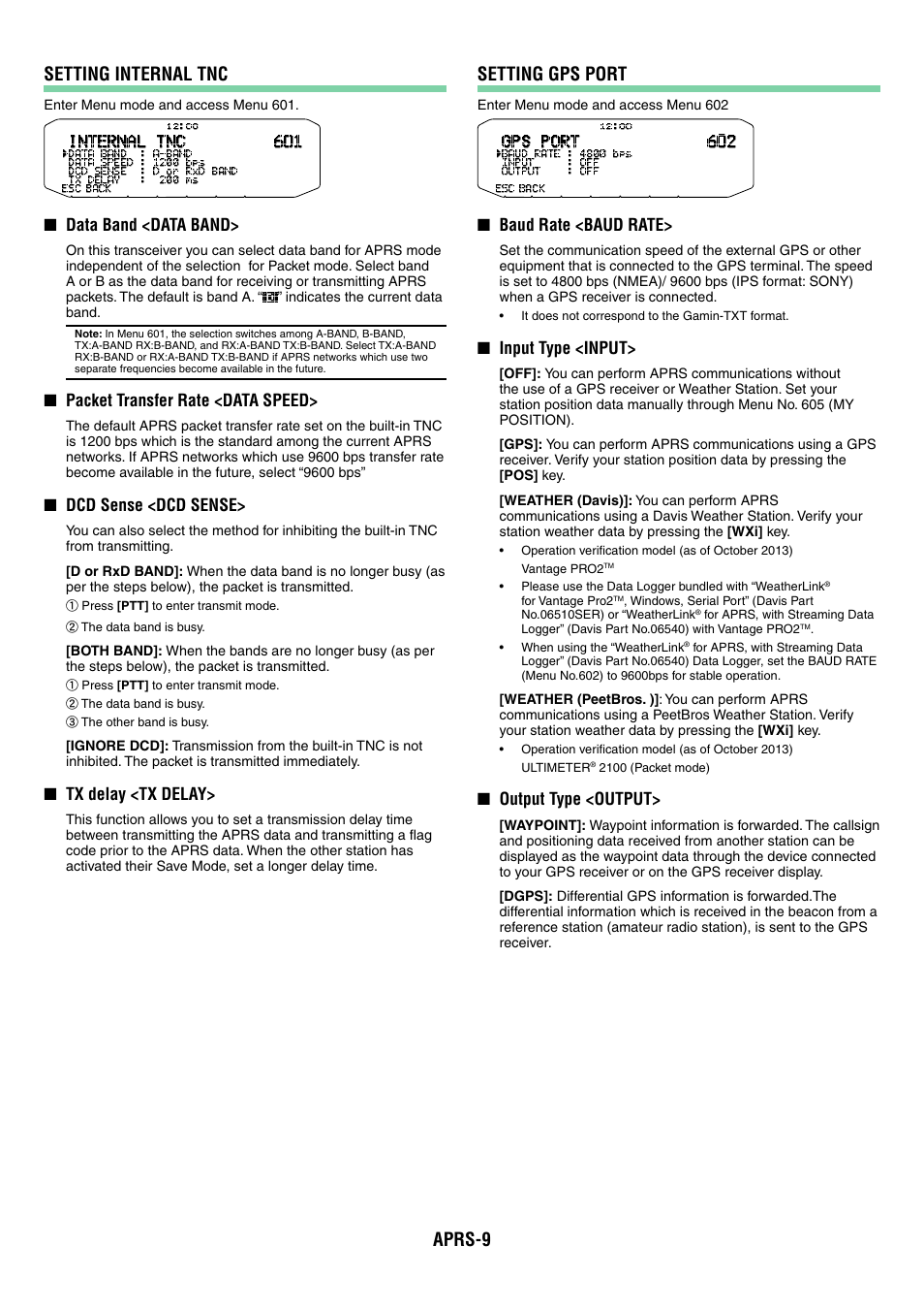 Aprs-9 setting internal tnc, Setting gps port, Data band <data band | Packet transfer rate <data speed, Dcd sense <dcd sense, Tx delay <tx delay, Baud rate <baud rate, Input type <input, Output type <output | Kenwood TM-D710GA User Manual | Page 54 / 77