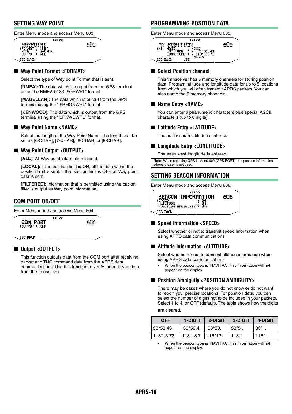 Aprs-10 setting way point, Com port on/off, Programming position data | Setting beacon information | Kenwood TM-D710GA User Manual | Page 55 / 77