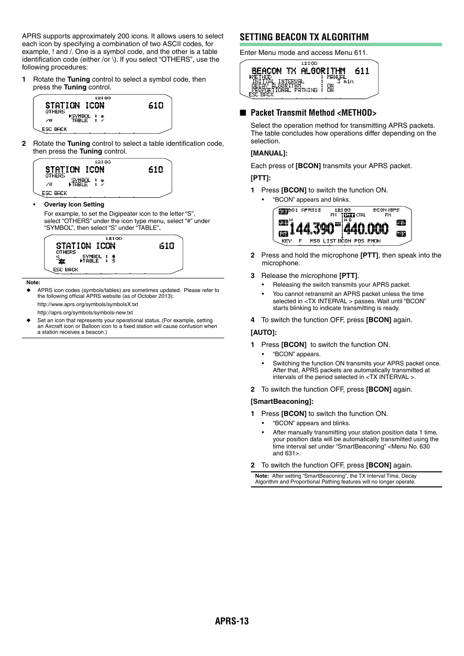 Aprs-13, Setting beacon tx algorithm, Packet transmit method <method | Kenwood TM-D710GA User Manual | Page 58 / 77