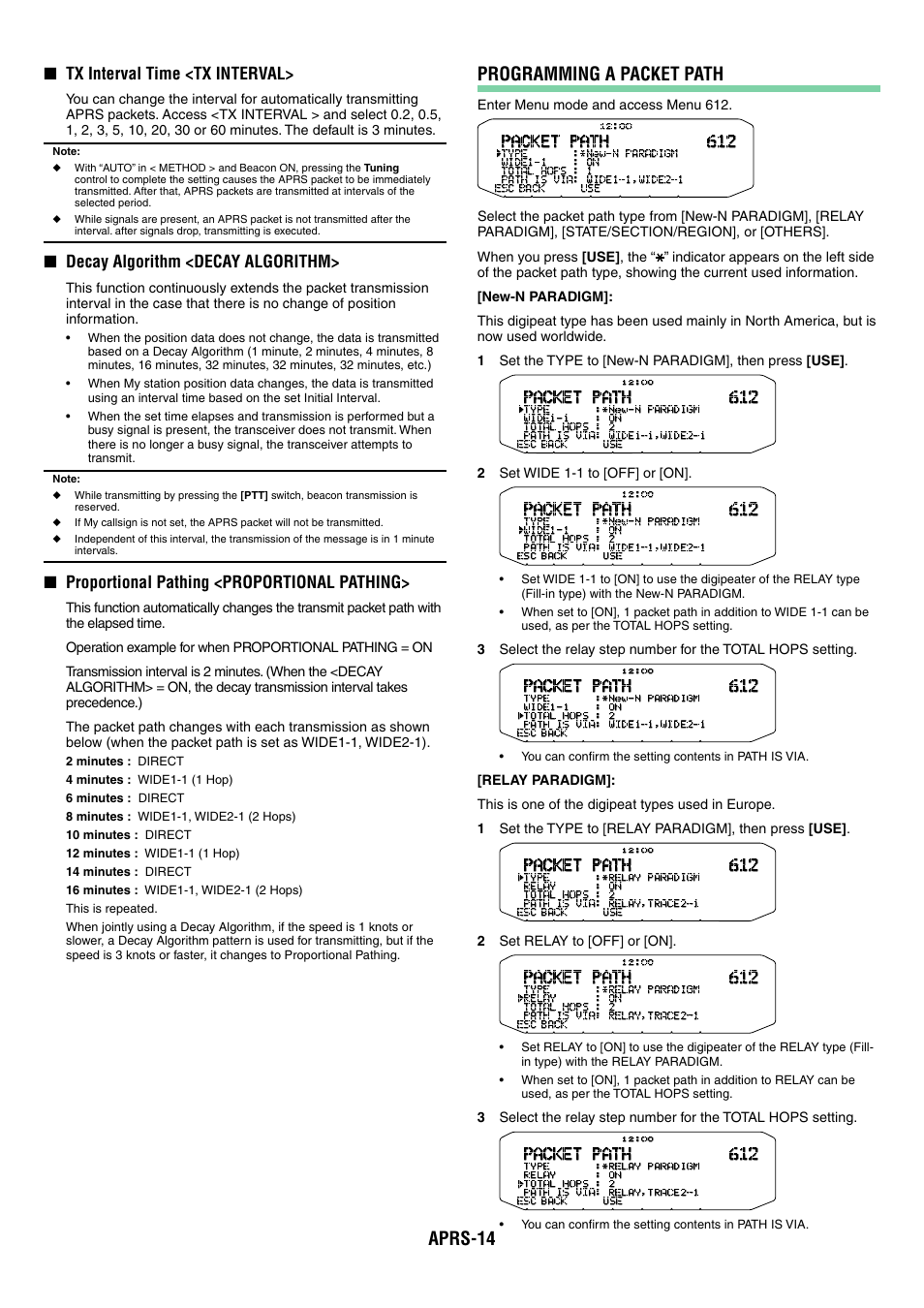 Aprs-14, Programming a packet path, Tx interval time <tx interval | Decay algorithm <decay algorithm, Proportional pathing <proportional pathing | Kenwood TM-D710GA User Manual | Page 59 / 77