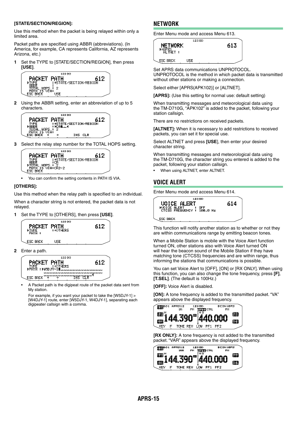 Aprs-15, Network, Voice alert | Kenwood TM-D710GA User Manual | Page 60 / 77