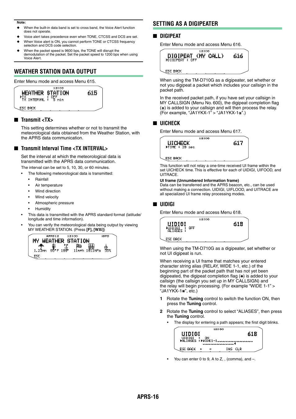Aprs-16, Weather station data output, Setting as a digipeater | Transmit <tx, Transmit interval time <tx interval, Digipeat, Uicheck, Uidigi | Kenwood TM-D710GA User Manual | Page 61 / 77
