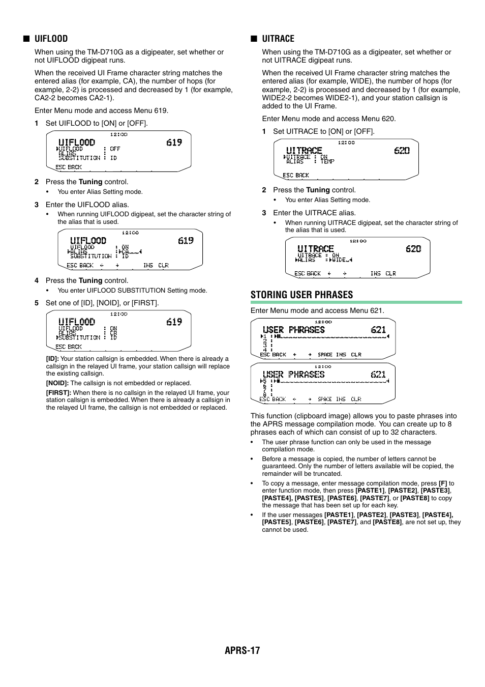 Aprs-17, Storing user phrases, Uiflood | Uitrace | Kenwood TM-D710GA User Manual | Page 62 / 77