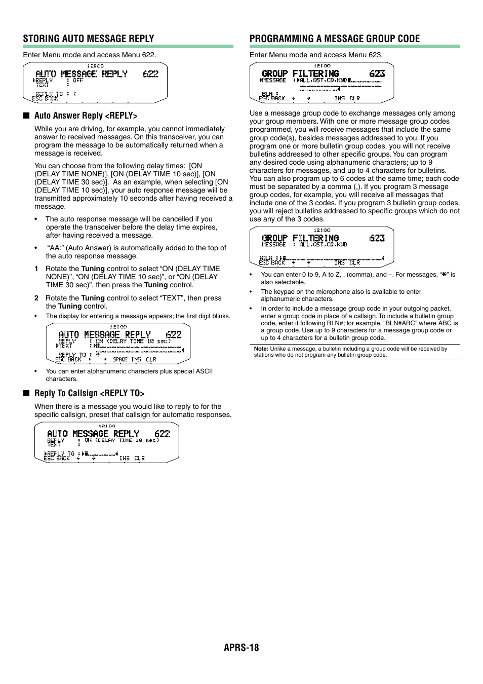 Aprs-18 storing auto message reply, Programming a message group code | Kenwood TM-D710GA User Manual | Page 63 / 77