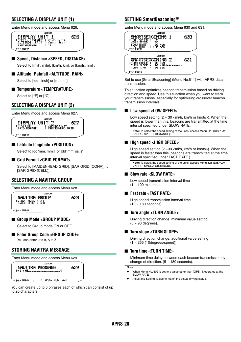 Aprs-20 selecting a display unit (1), Selecting a display unit (2), Selecting a navitra group | Storing navitra message, Setting smartbeaconing | Kenwood TM-D710GA User Manual | Page 65 / 77