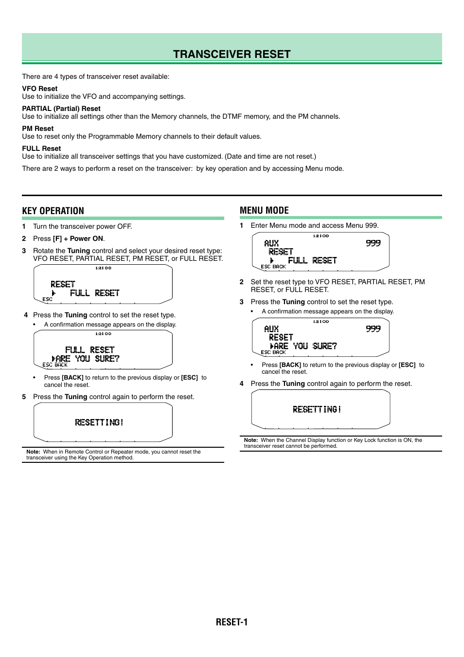 Tm-d710g_12_reset_en, Transceiver reset, Key operation | Menu mode, Reset-1 | Kenwood TM-D710GA User Manual | Page 68 / 77