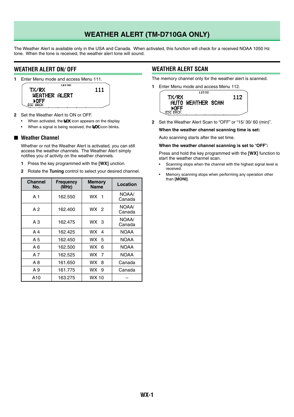 Tm-d710g_16_weather alert_tm-d710ga_en, Weather alert (tm-d710ga only), Weather alert on/ off | Weather alert scan, Wx-1 | Kenwood TM-D710GA User Manual | Page 74 / 77